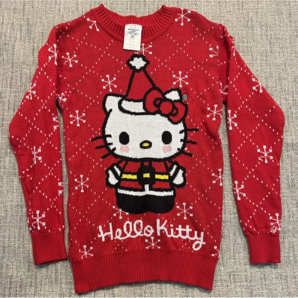 Hello Kitty Christmas Sweater Long Length Red And White Womens Size XXS‎